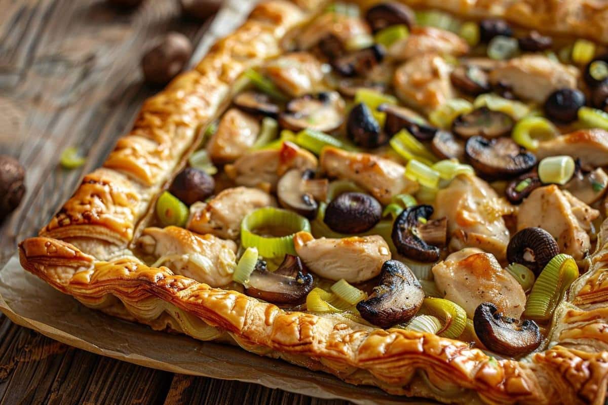 Recette airfryer : tarte au poulet, poireaux, champignons et pâte feuilletée croquante