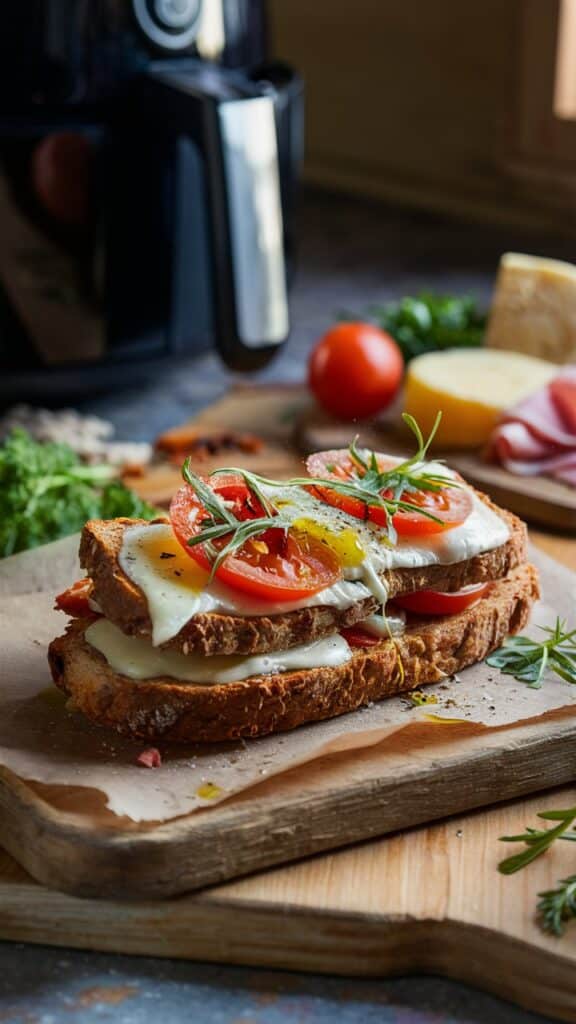 Sandwich tomate mozzarella fromage sur planche bois