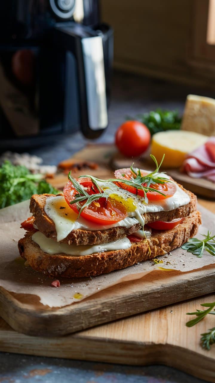 Sandwich tomate mozzarella fromage sur planche bois