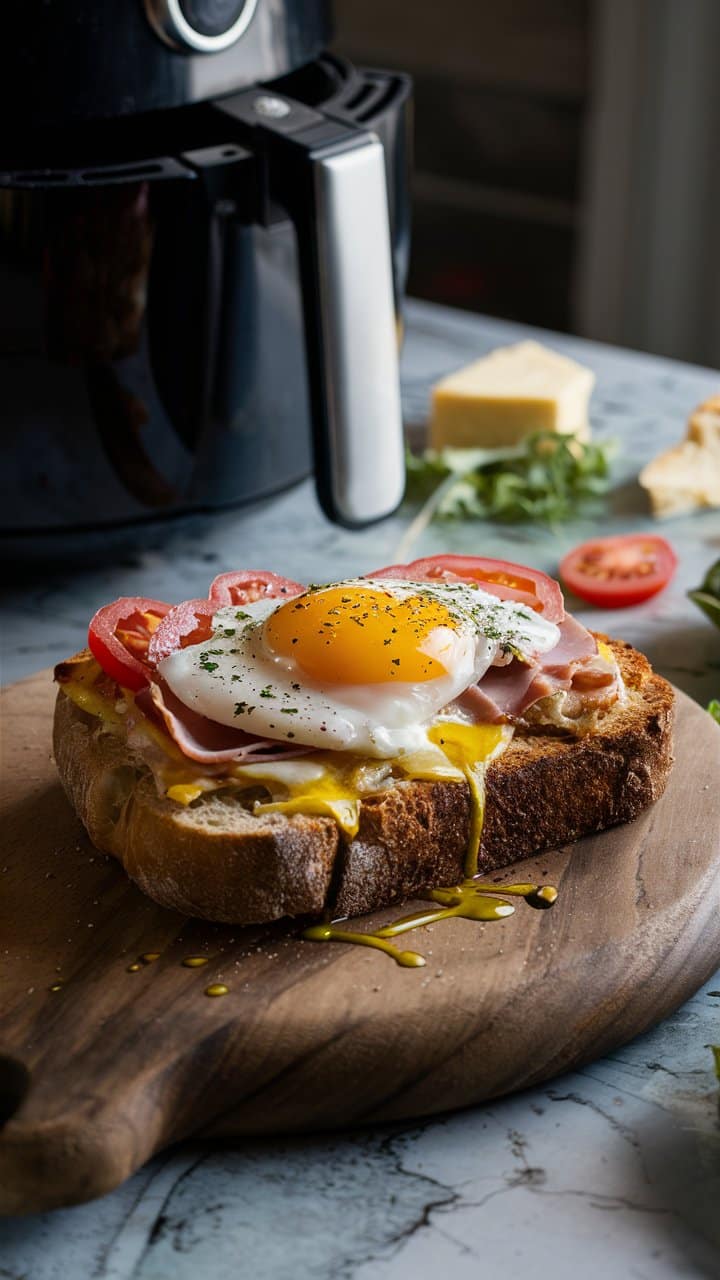 Toast garni d'œuf au plat et jambon.