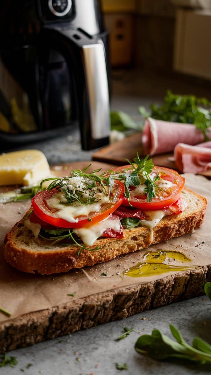Tartine gourmande avec fromage, tomates et herbes fraîches.