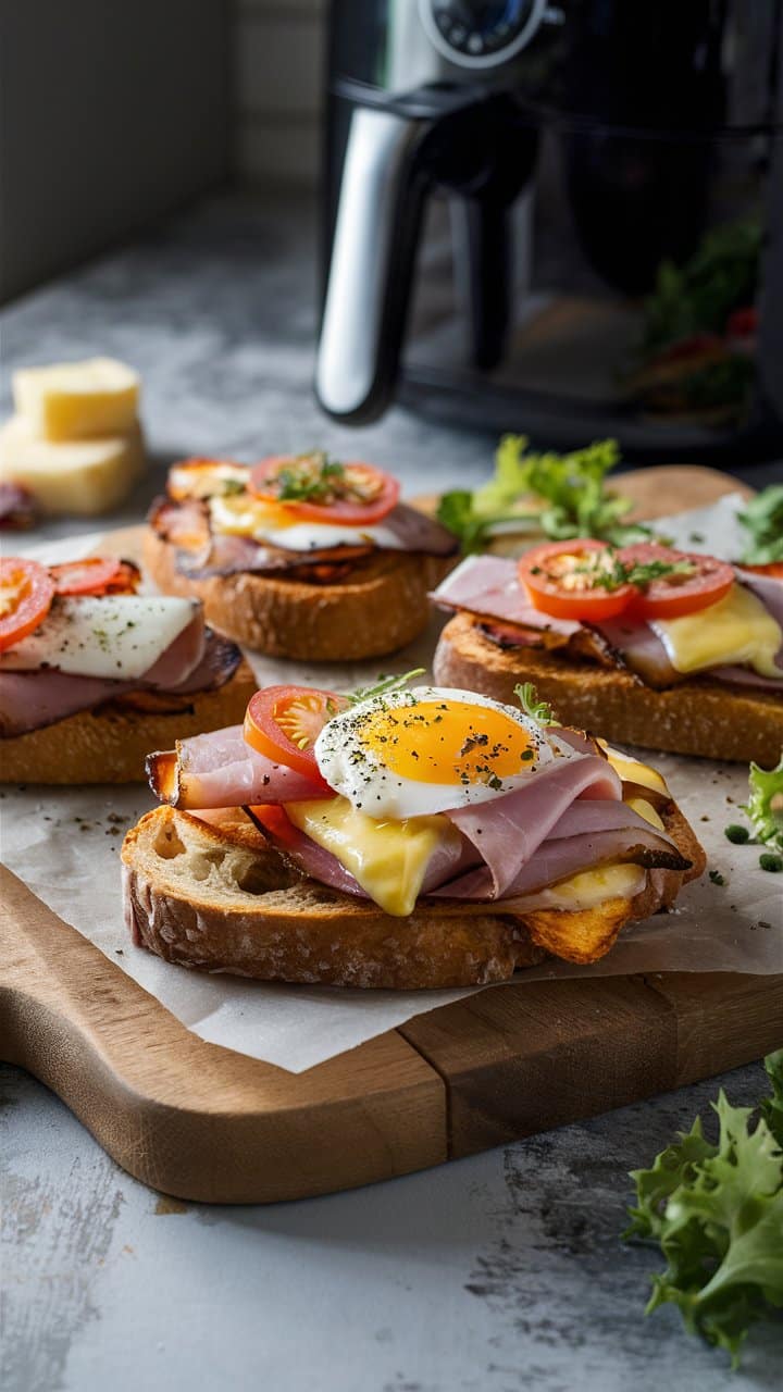 Tartines gourmandes au jambon, œuf et tomate.