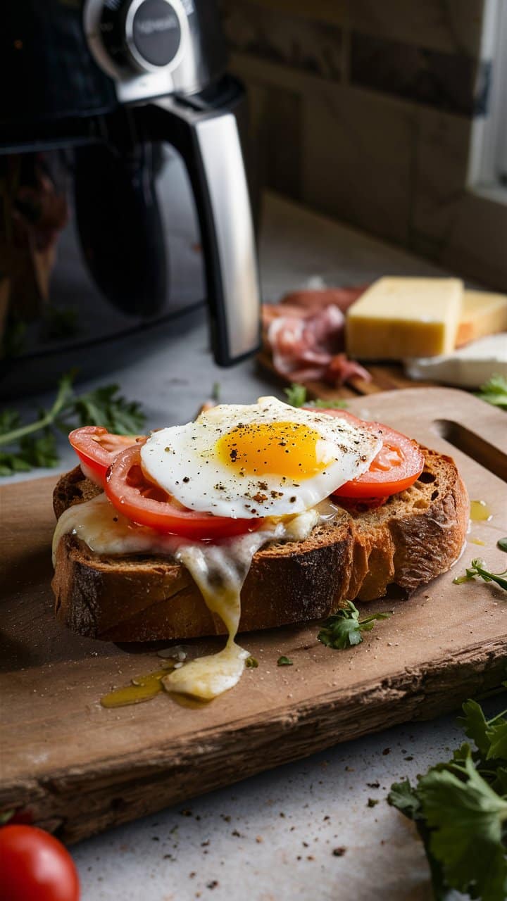 Tartine avec œuf, tomate et fromage fondu.