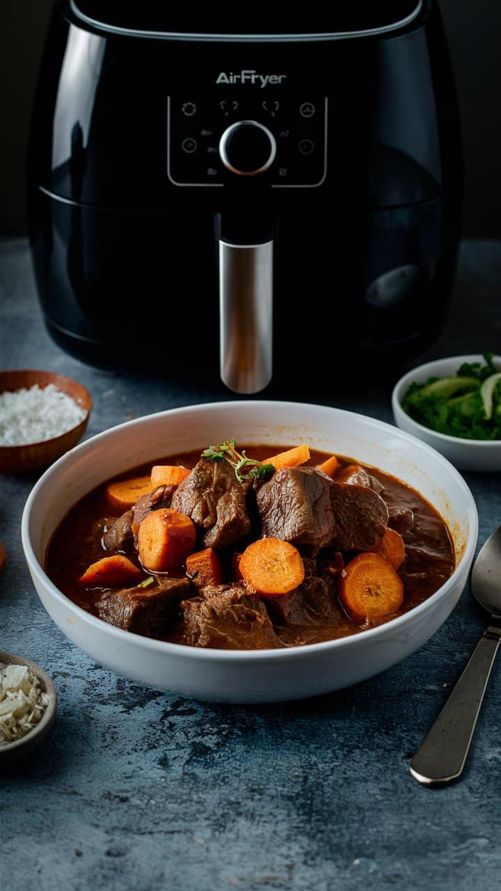 Ragoût de viande avec des carottes devant une friteuse