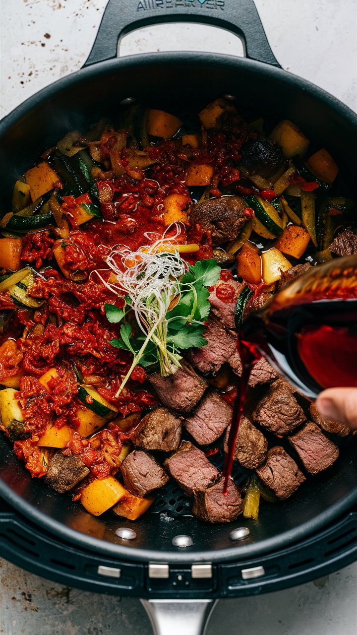 Plat mijoté avec viande et légumes colorés.