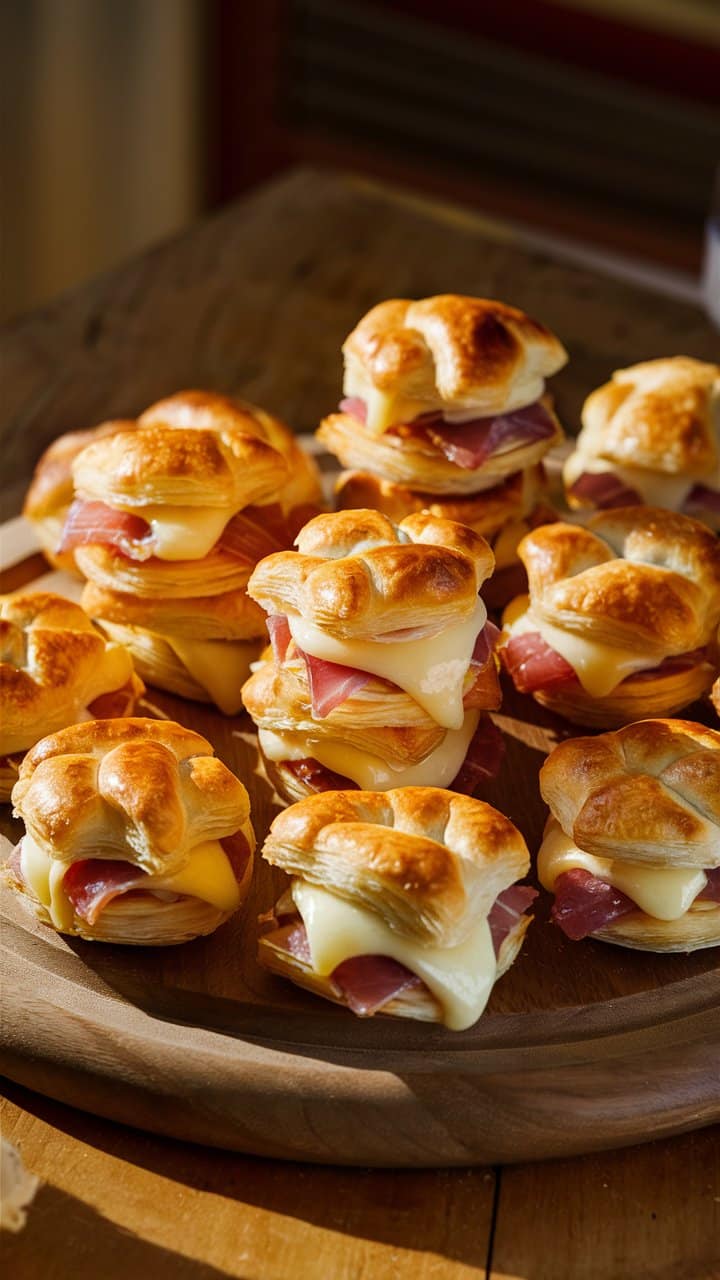 Petits feuilletés au fromage et jambon sur plateau.