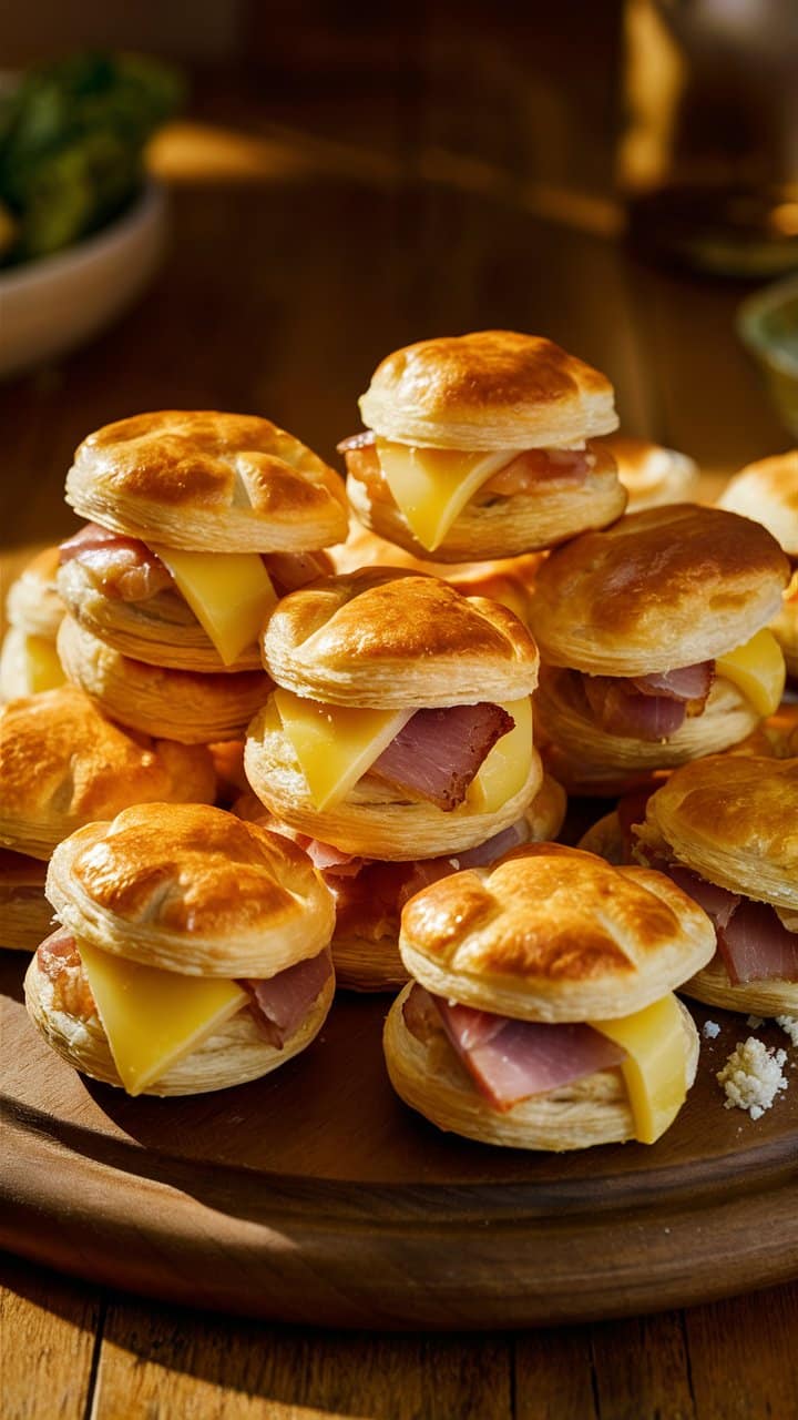 Feuilletés apéritifs au fromage et jambon sur plateau.