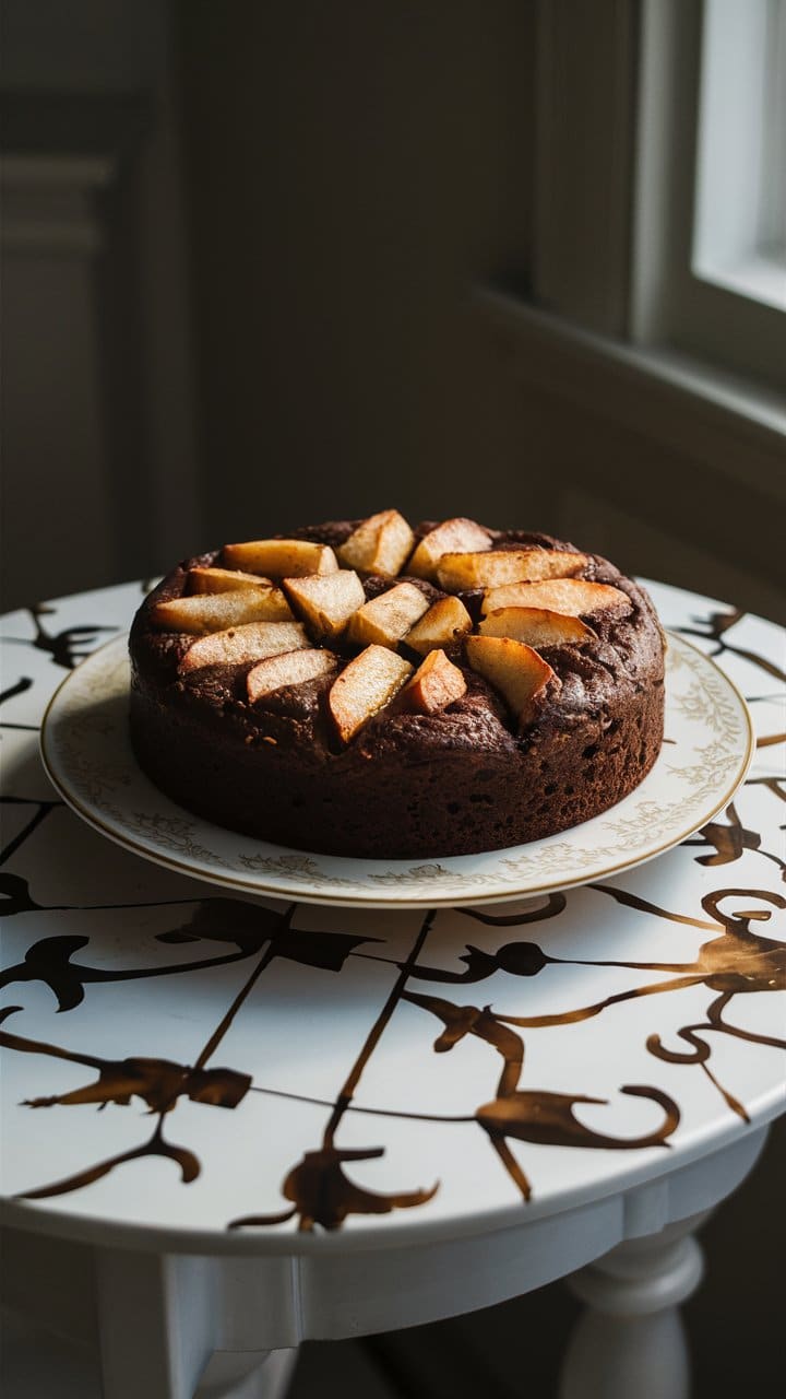Gâteau au chocolat avec pommes, sur une table.