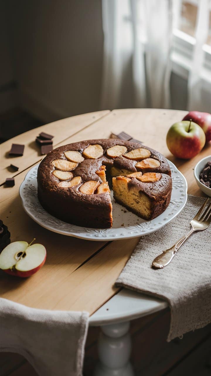 Gâteau chocolat-pommes sur table en bois.