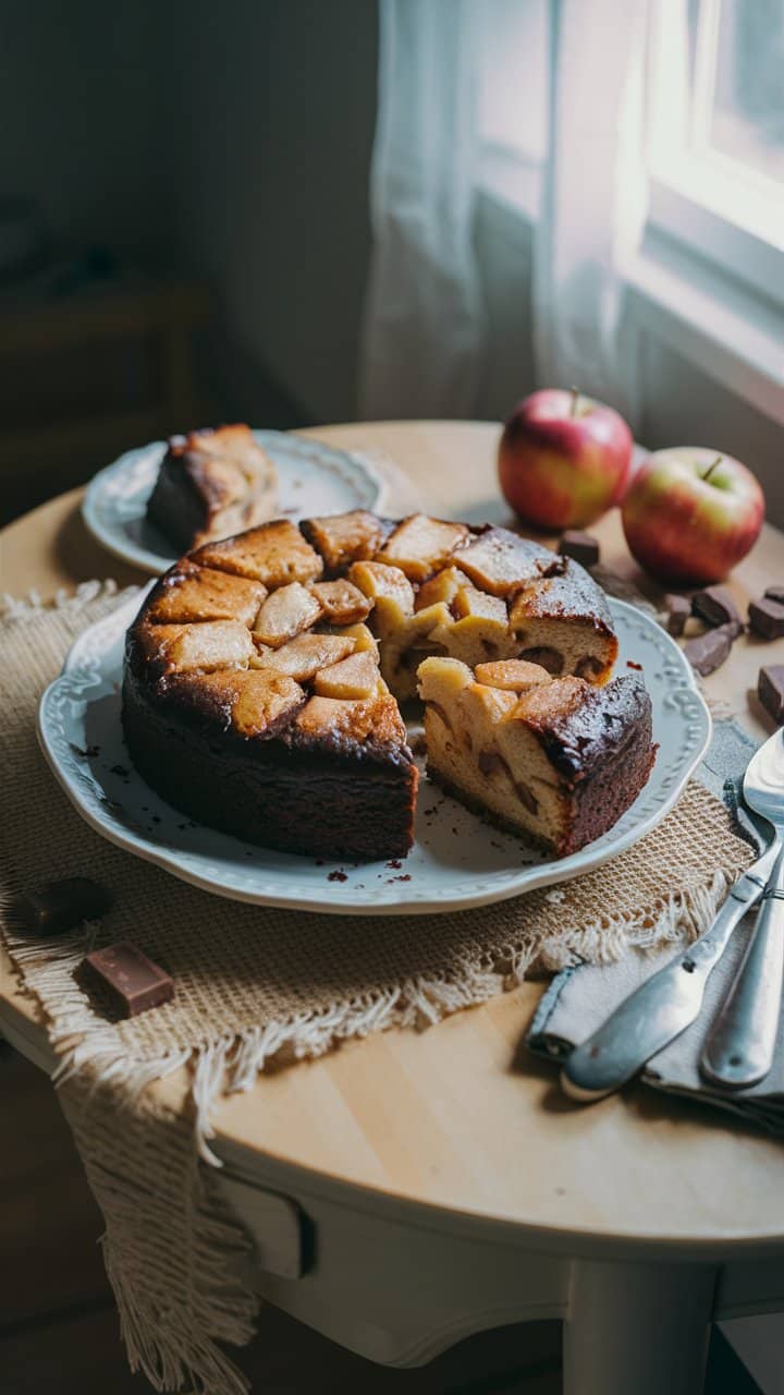 Gâteau aux pommes sur table avec couteaux.