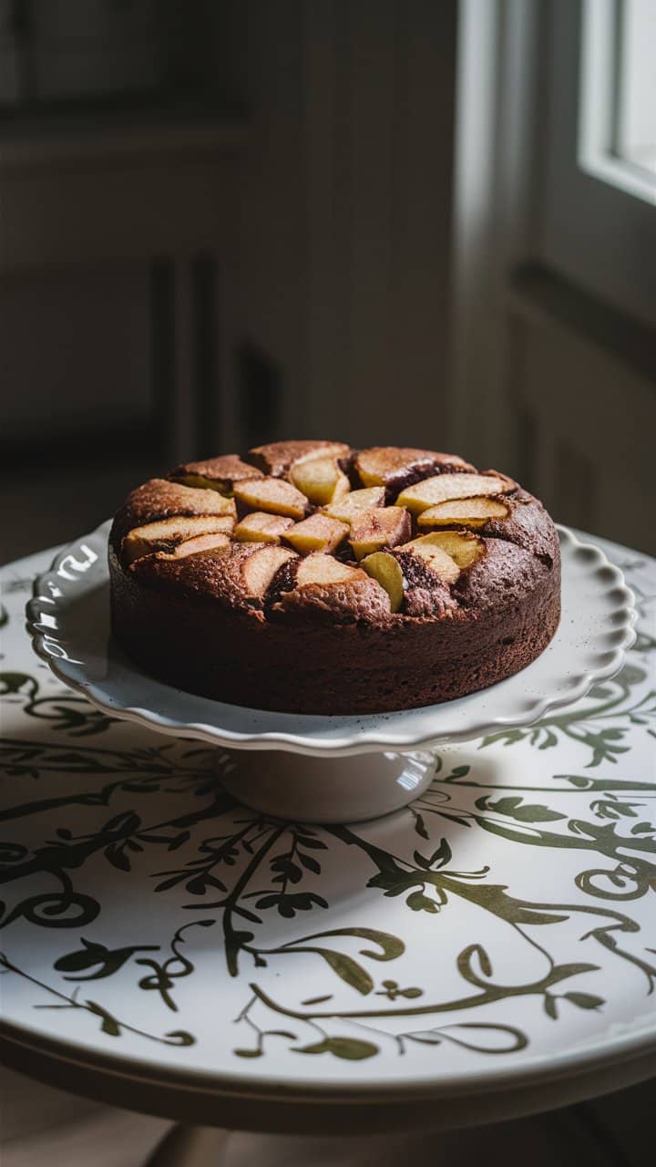 Gâteau moelleux aux pommes sur table décorée.