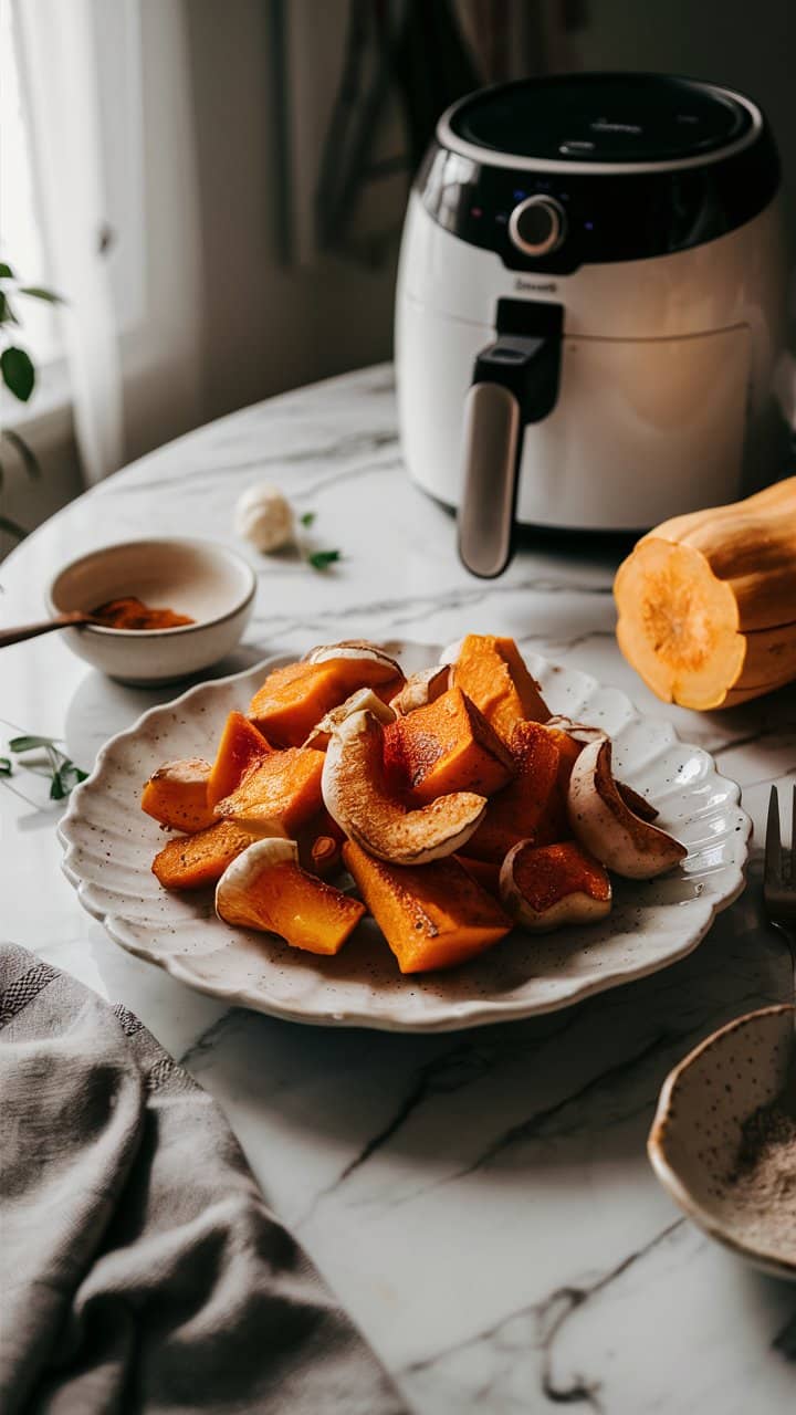 Assiette de courge rôtie à côté d'une friteuse.