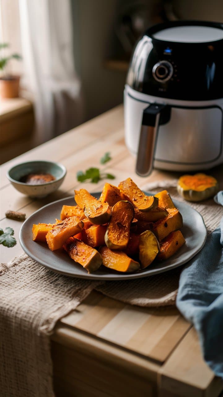 Courge grillée sur assiette devant friteuse.