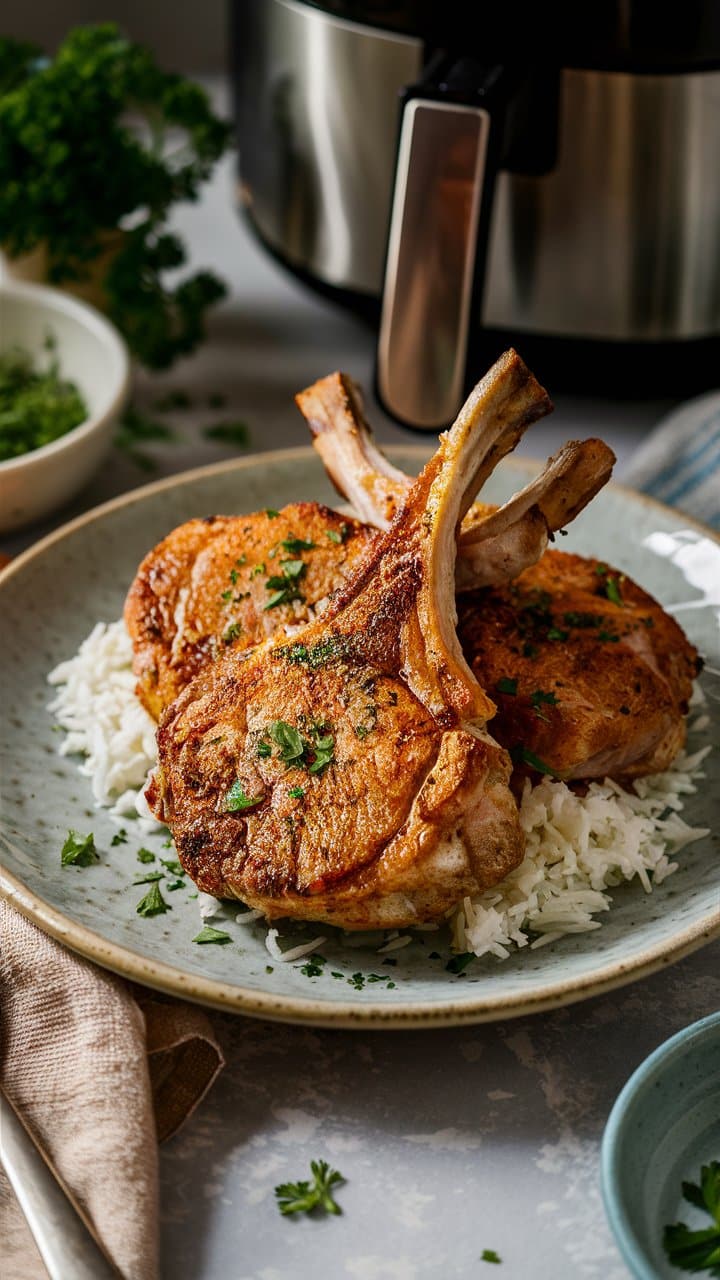 Côtelettes de porc grillées sur riz.