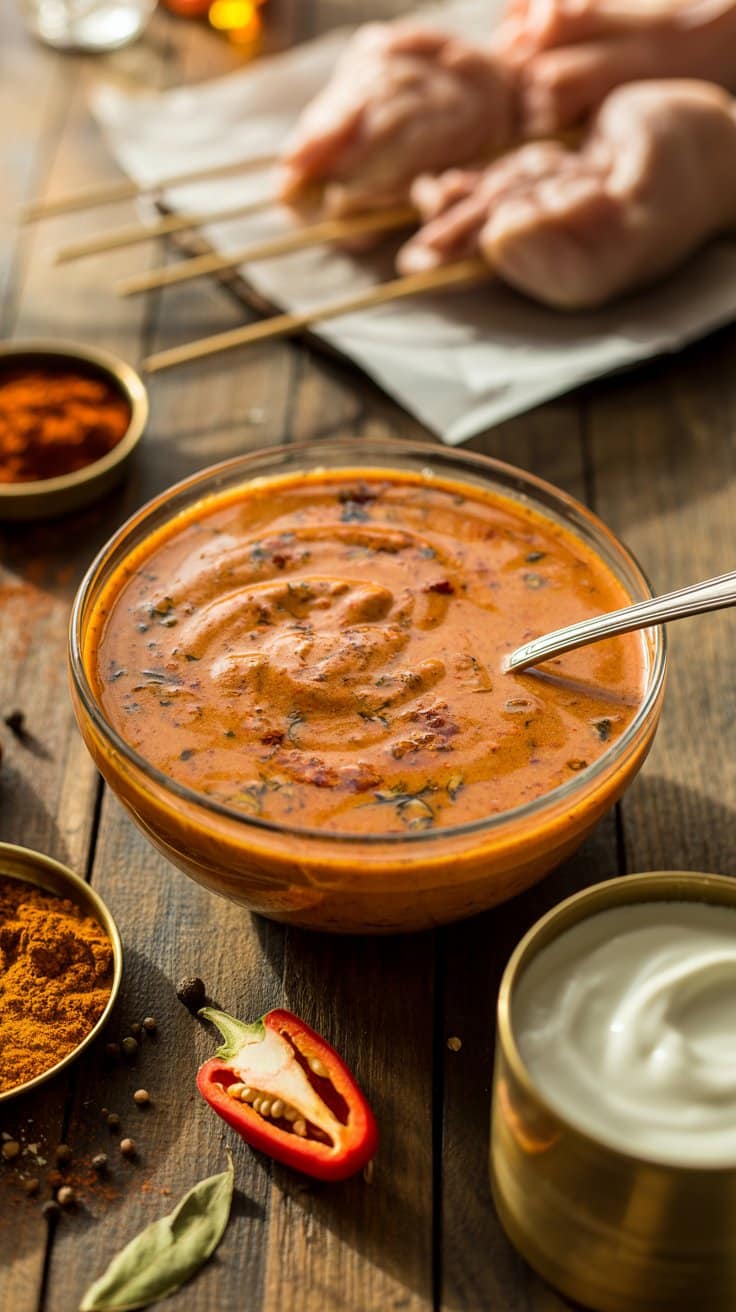 Sauce épicée avec ingrédients et brochettes de chicken.