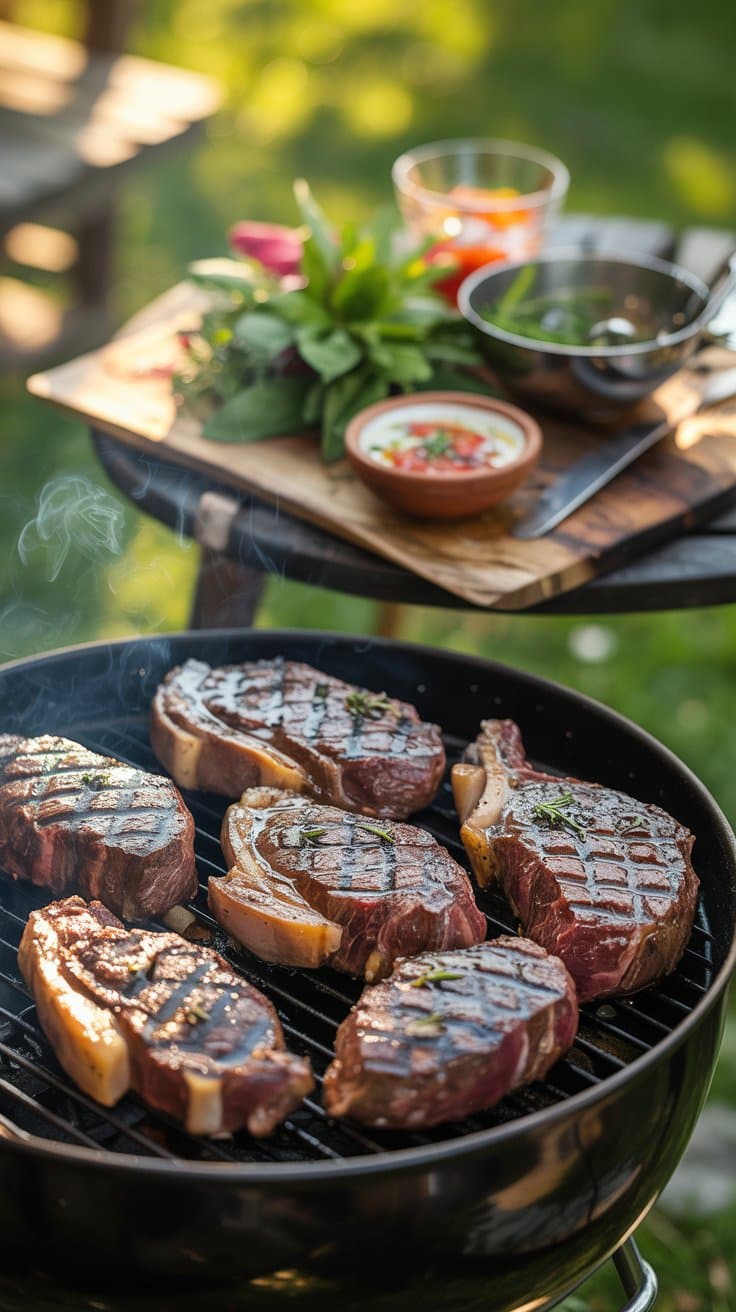 Viande grillée sur un barbecue en plein air.