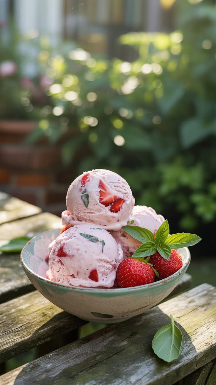 Glace aux fraises et basilic en extérieur.