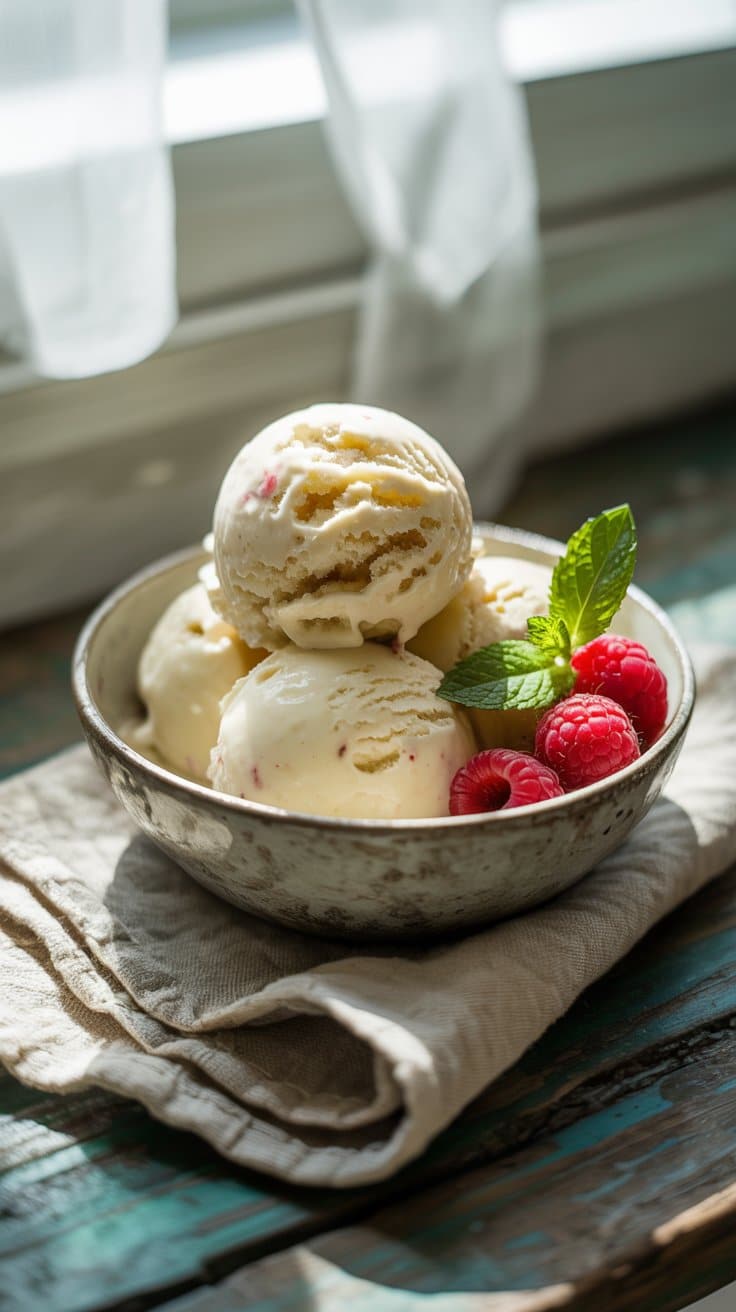 Glace vanille avec framboises et menthe, appétissante.
