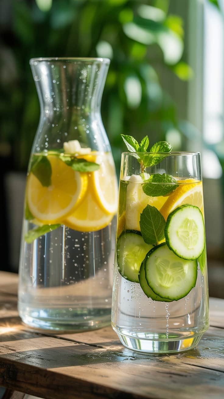 Infusion d'eau citron et concombre avec menthe.