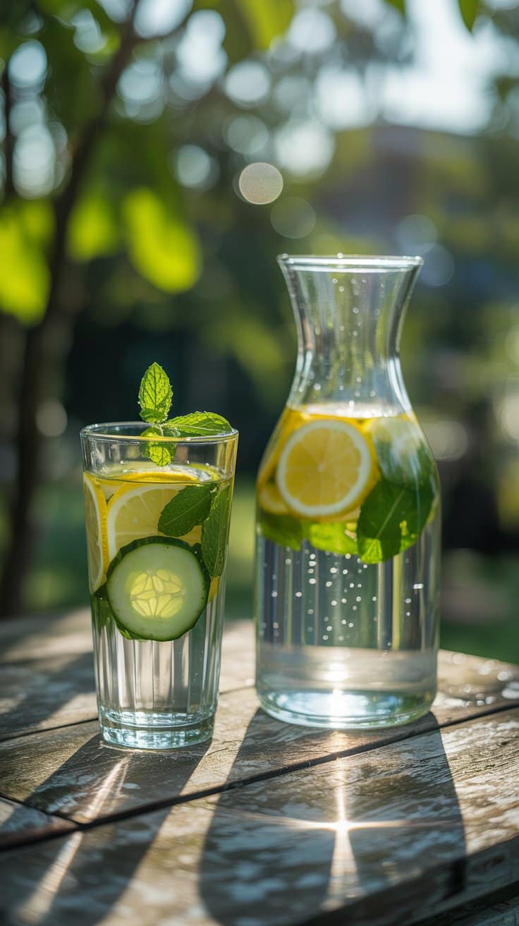 Verre et carafe d'eau citron menthe concombre.