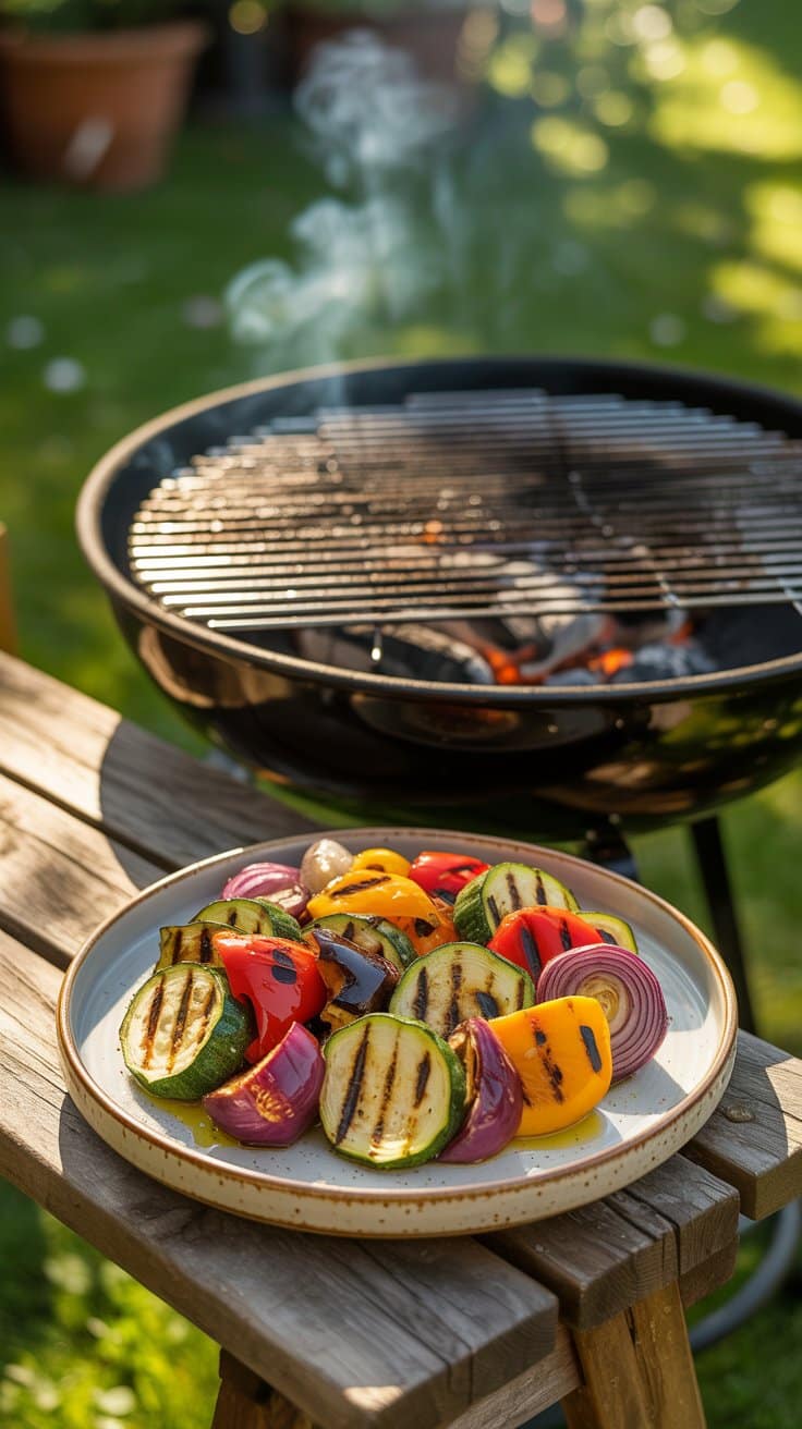 Légumes grillés au barbecue, assiette en terrasse.