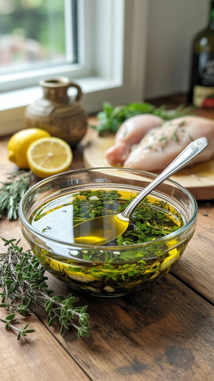 Marinade herbes et huile, citron, poulet.