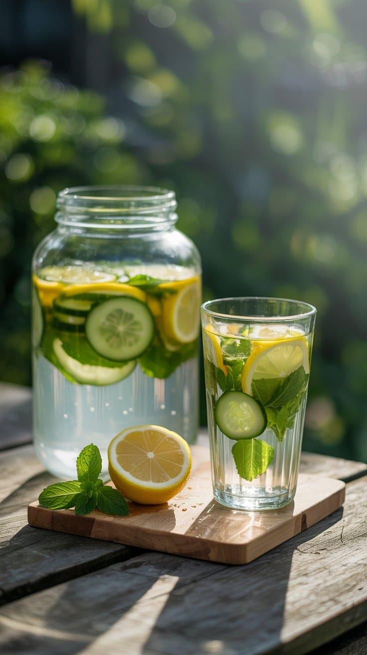 Eau infusée au citron, concombre et menthe