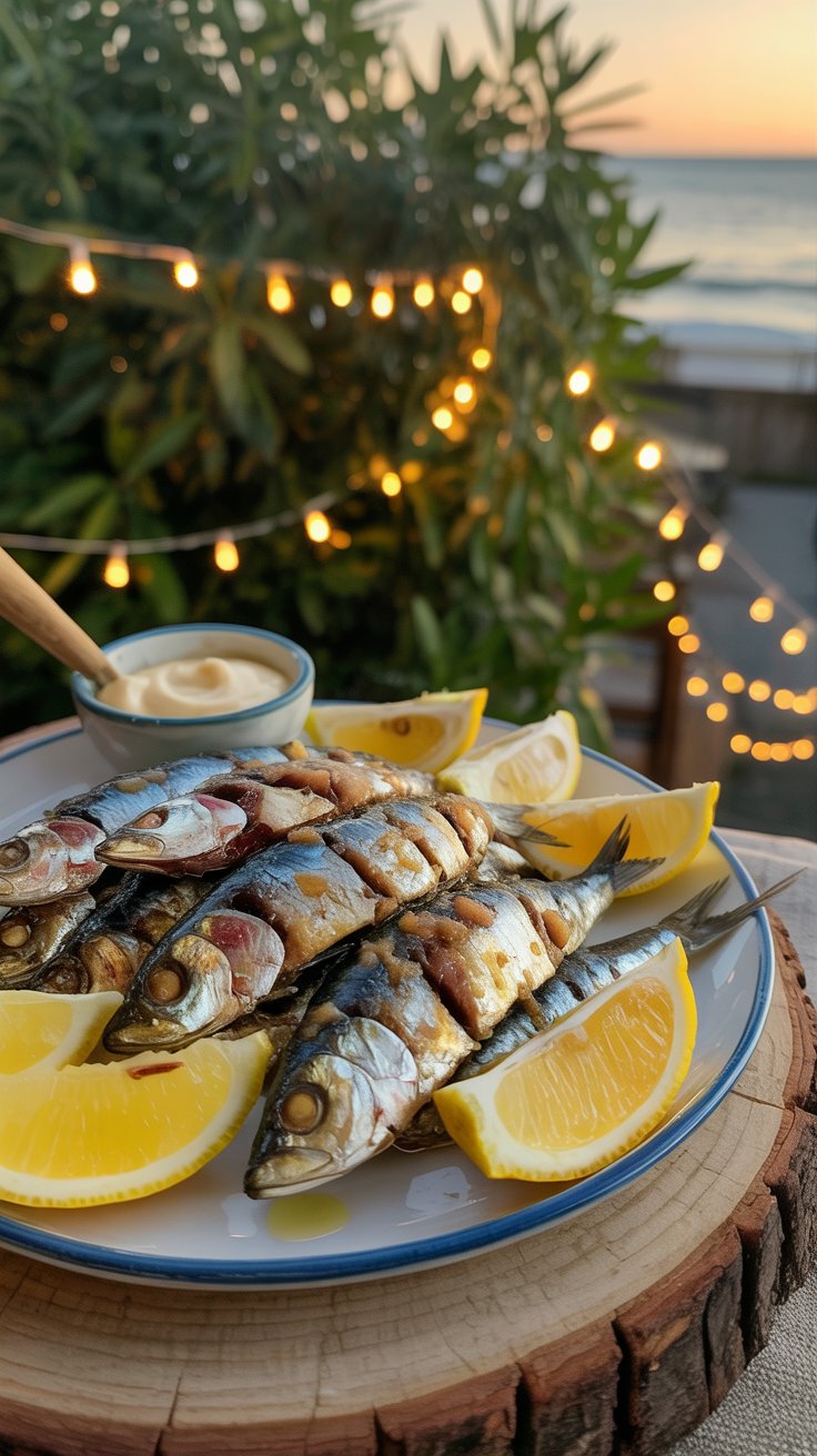 Assiette de sardines grillées, citron et sauce, extérieur.