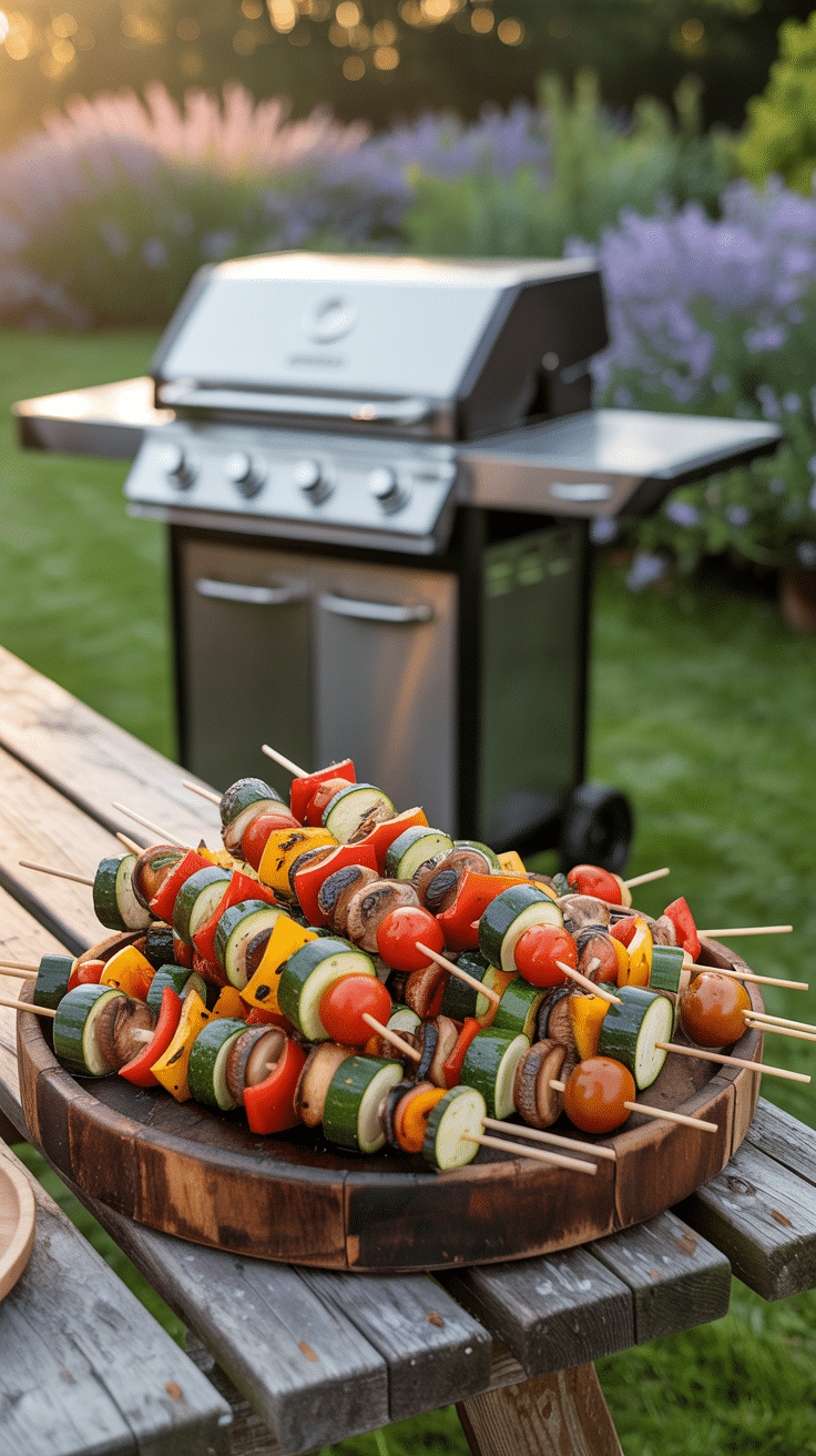 Brochettes de légumes sur une table, barbecue en arrière-plan.