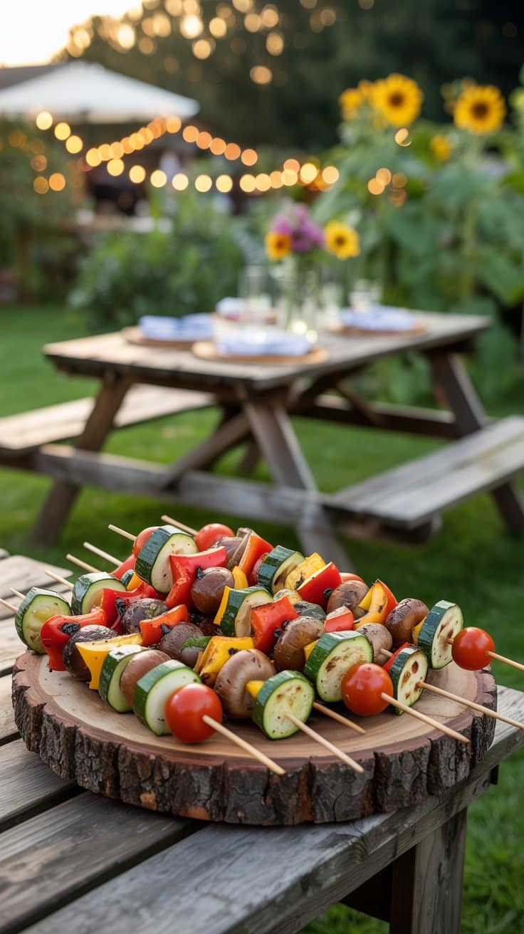 Brochettes de légumes dans un jardin avec tournesols.