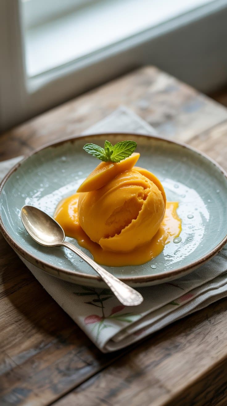 Sorbet mangue avec menthe sur assiette