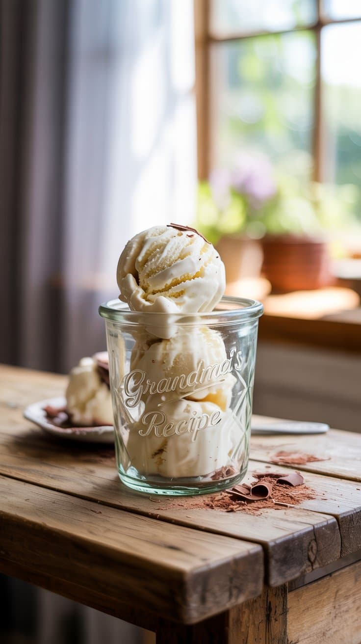 Crème glacée sur table en bois, lumière naturelle.
