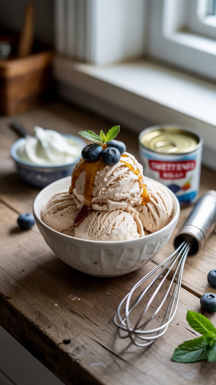 Glace vanille caramel avec myrtilles et menthe