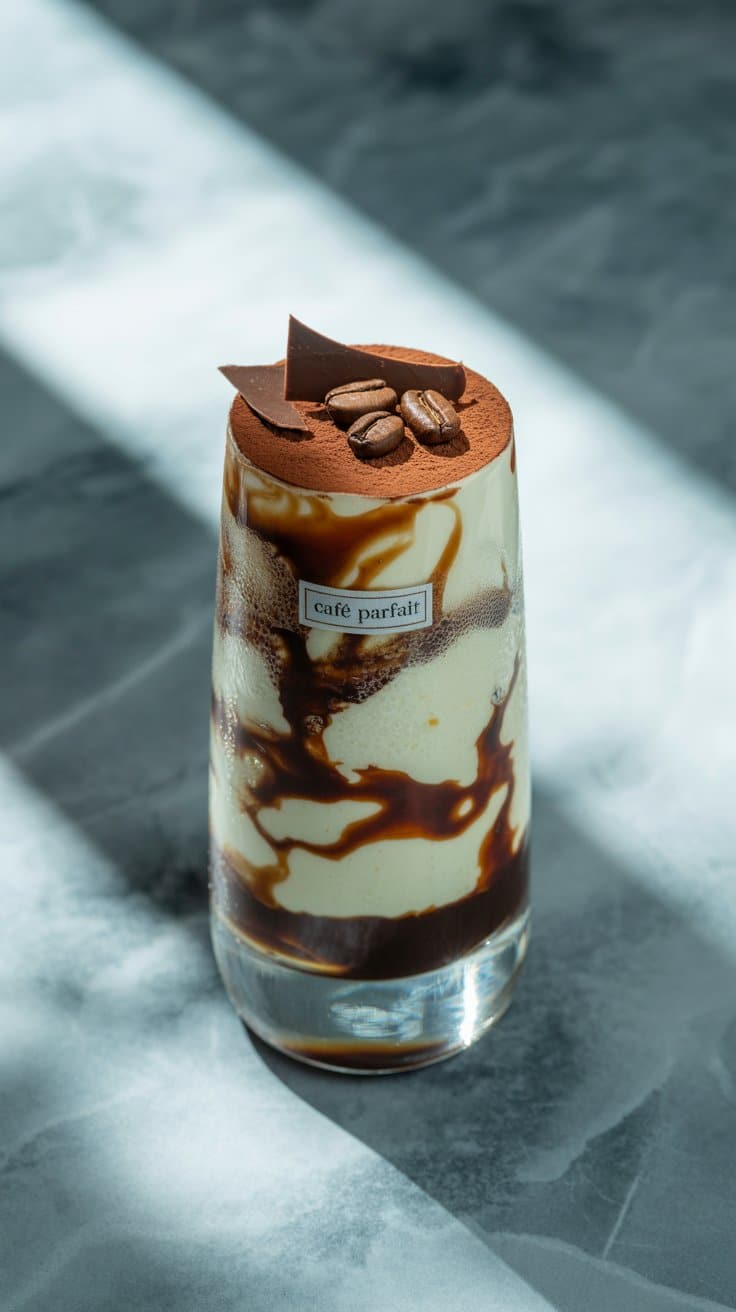 Verre de dessert café et chocolat sur table.