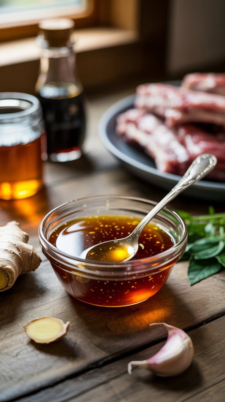 Assaisonnement miel, sauce soja et ail en cuisine.