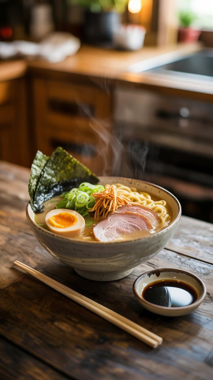 Bol de ramen japonais fumant avec œuf et porc.