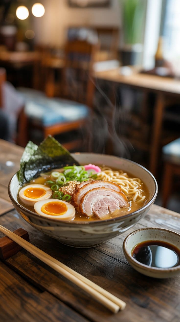 Bol de ramen avec porc, œufs et légumes.