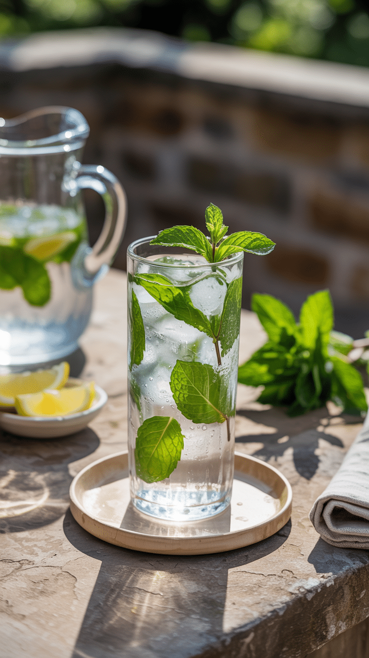 Verre d'eau citronnée avec feuilles de menthe.