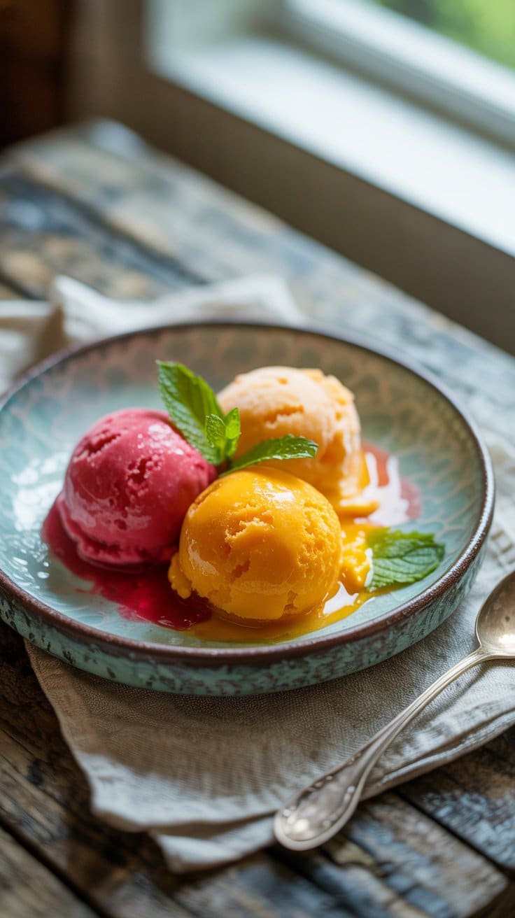 Assiette de sorbets colorés avec feuilles de menthe