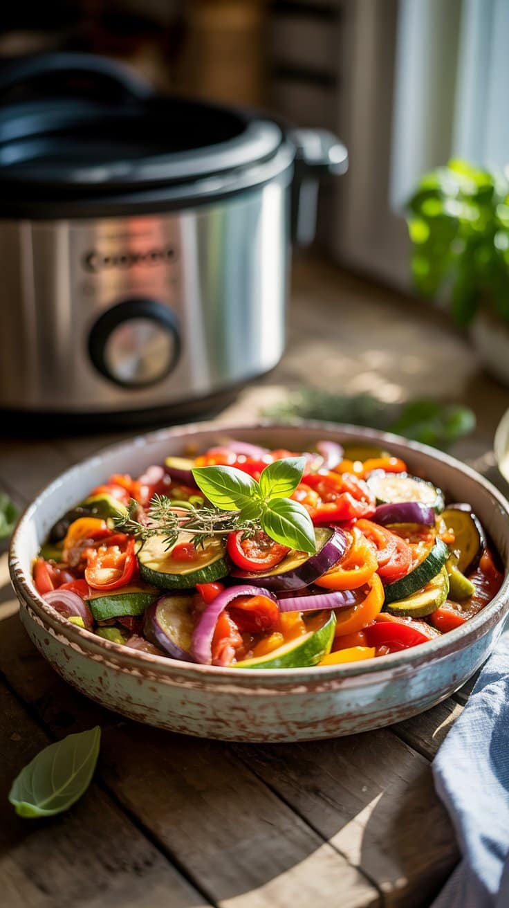 Plat de ratatouille colorée près d'une mijoteuse.