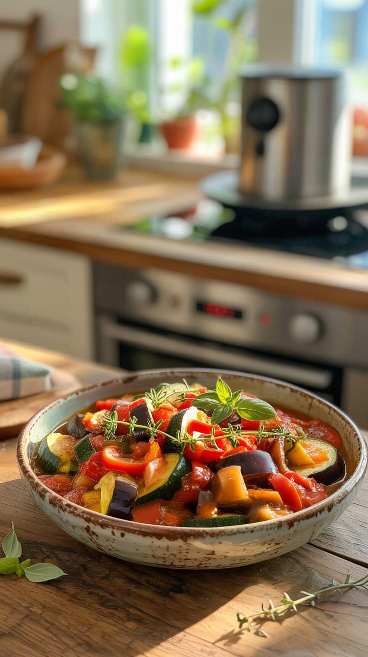 Ratatouille maison dans une cuisine ensoleillée.