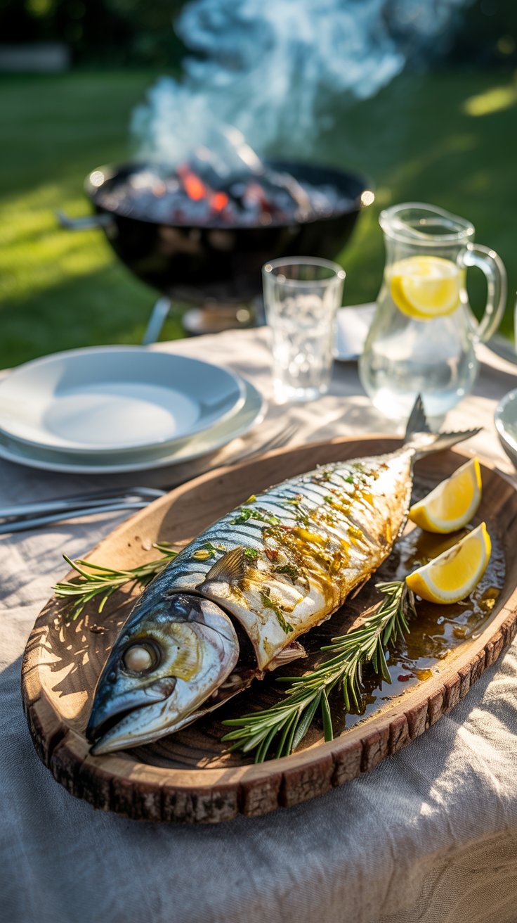 Poisson grillé et citron sur table extérieure.
