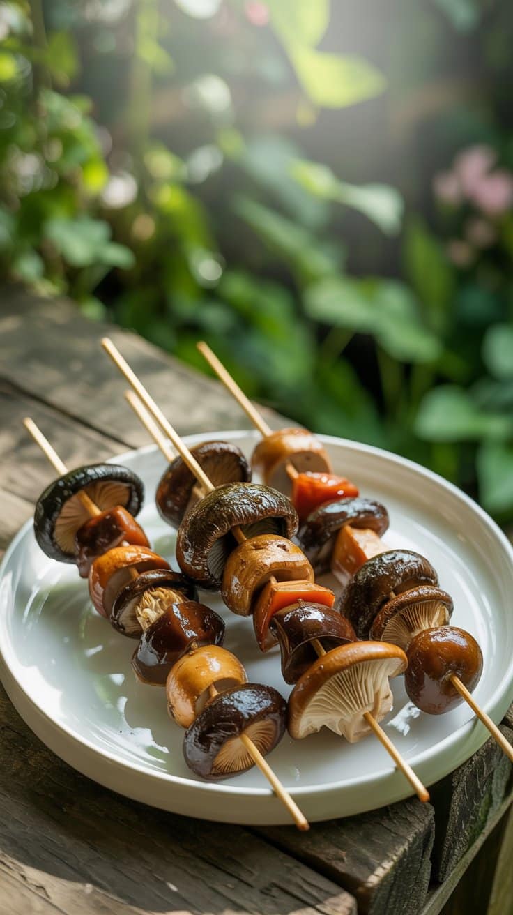 Brochettes végétariennes aux champignons et légumes.