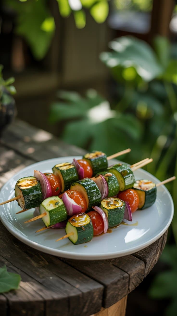 Brochettes de légumes frais sur assiette blanche.