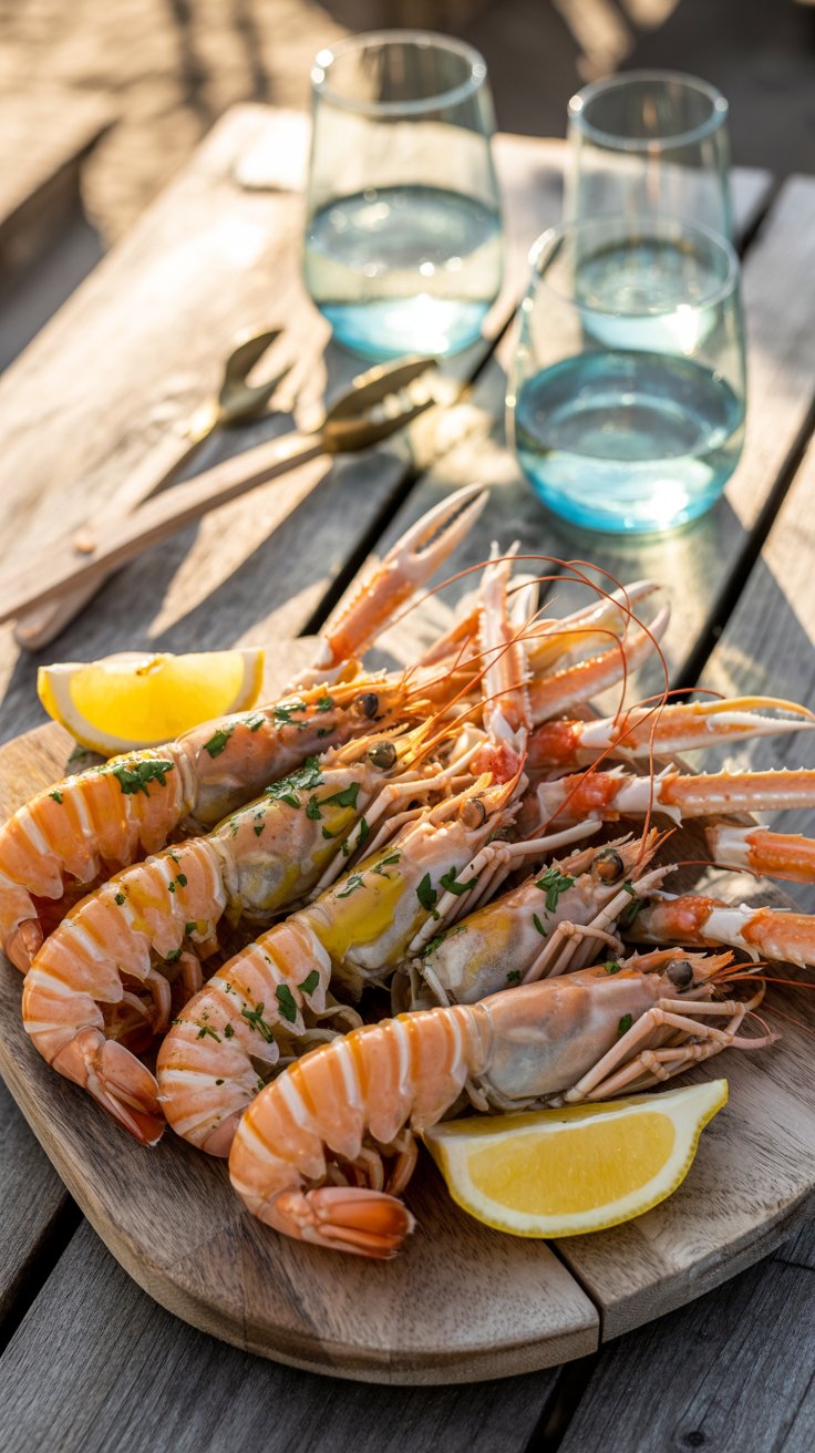 Langoustines servies avec rondelles de citron.