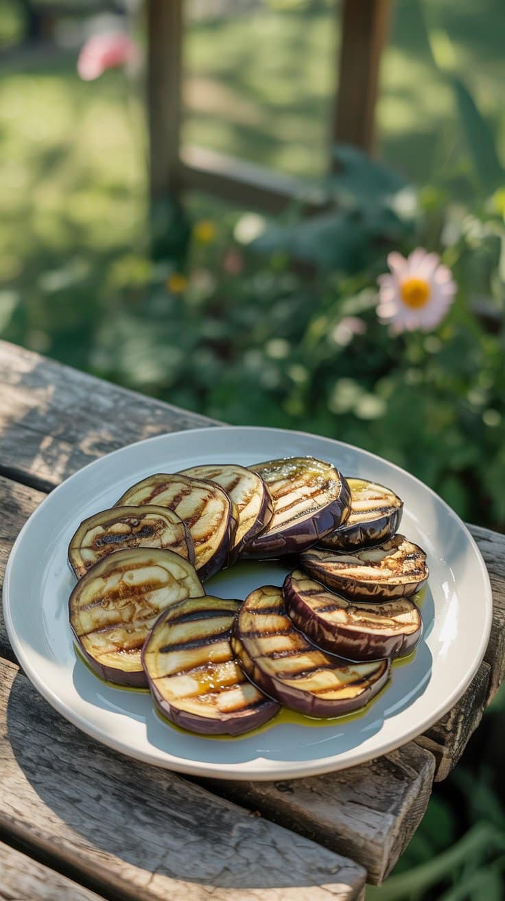 Tranches d'aubergine grillées sur assiette blanche.