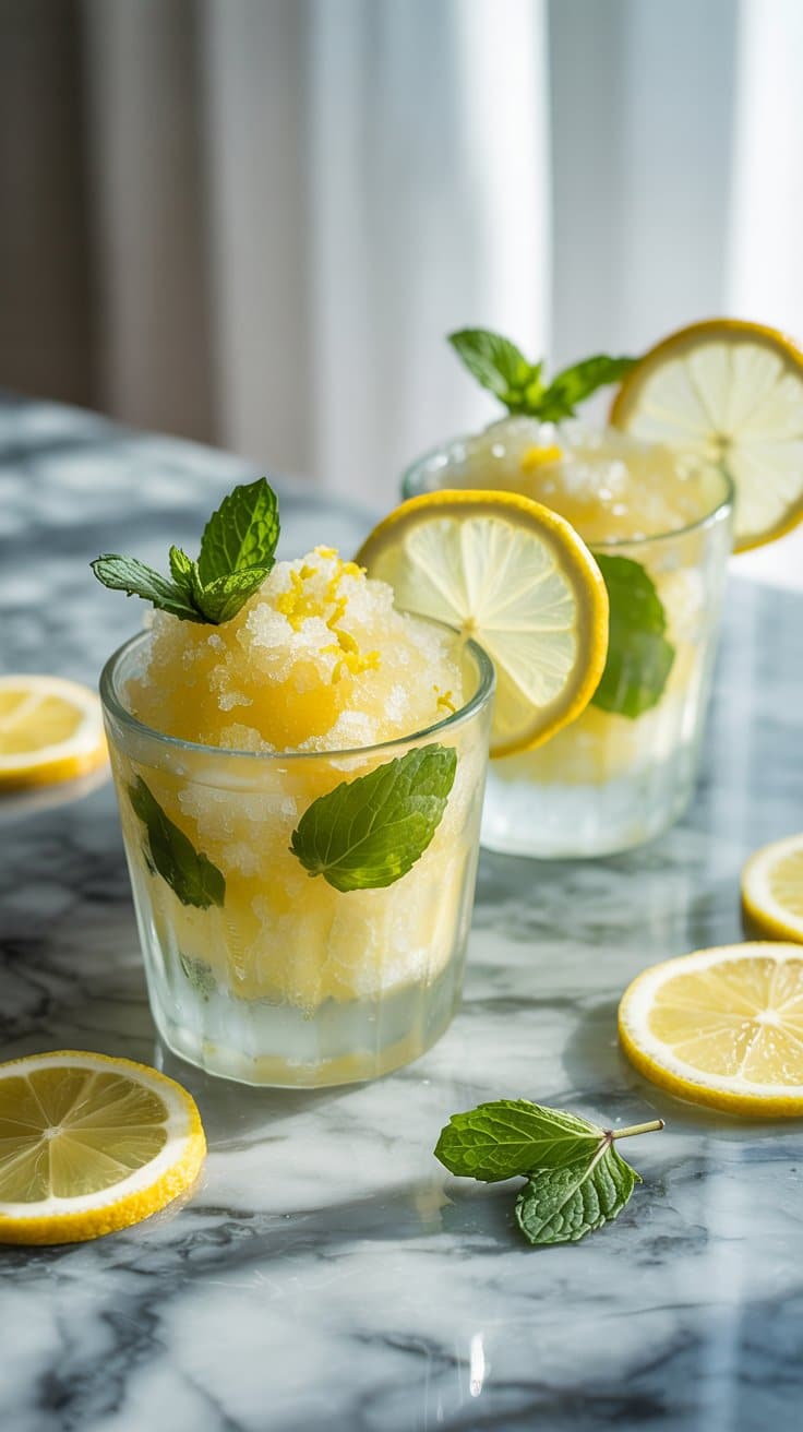 Granité citron menthe dans verre sur table.