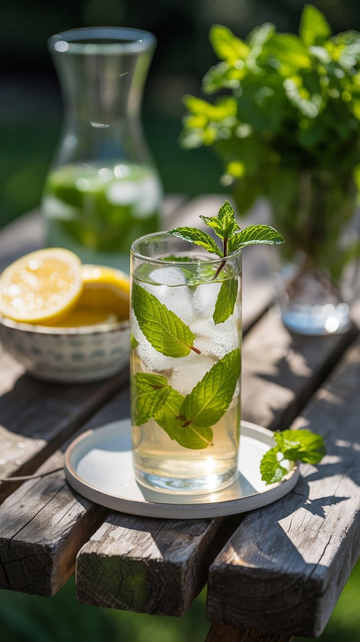 Thé glacé à la menthe sur table en bois.