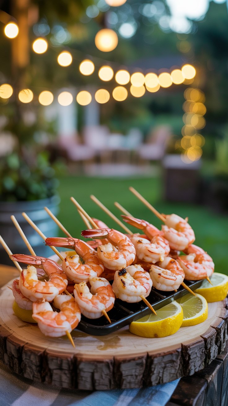 Brochettes de crevettes grillées au citron en extérieur.