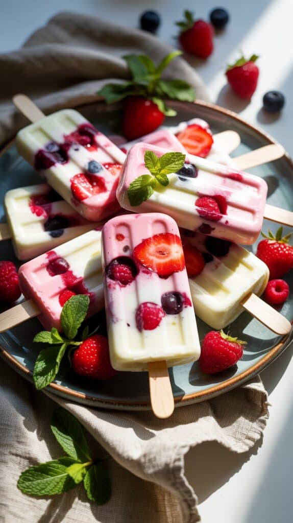 Sucettes glacées aux fruits rouges sur assiette.